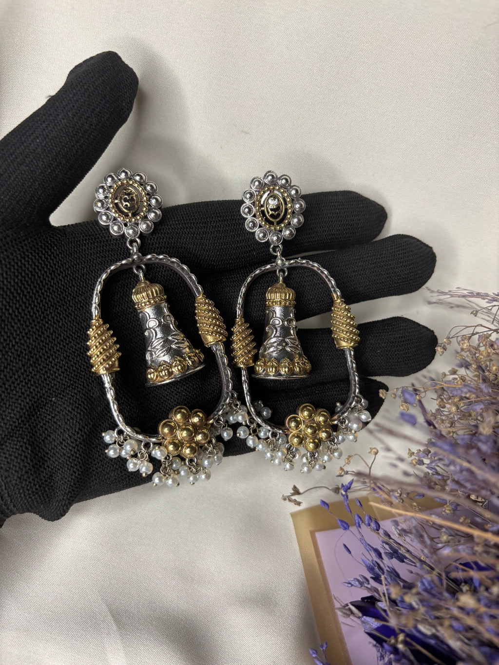 Dual Tone Gold Silver Kashmiri Jhumka Earrings