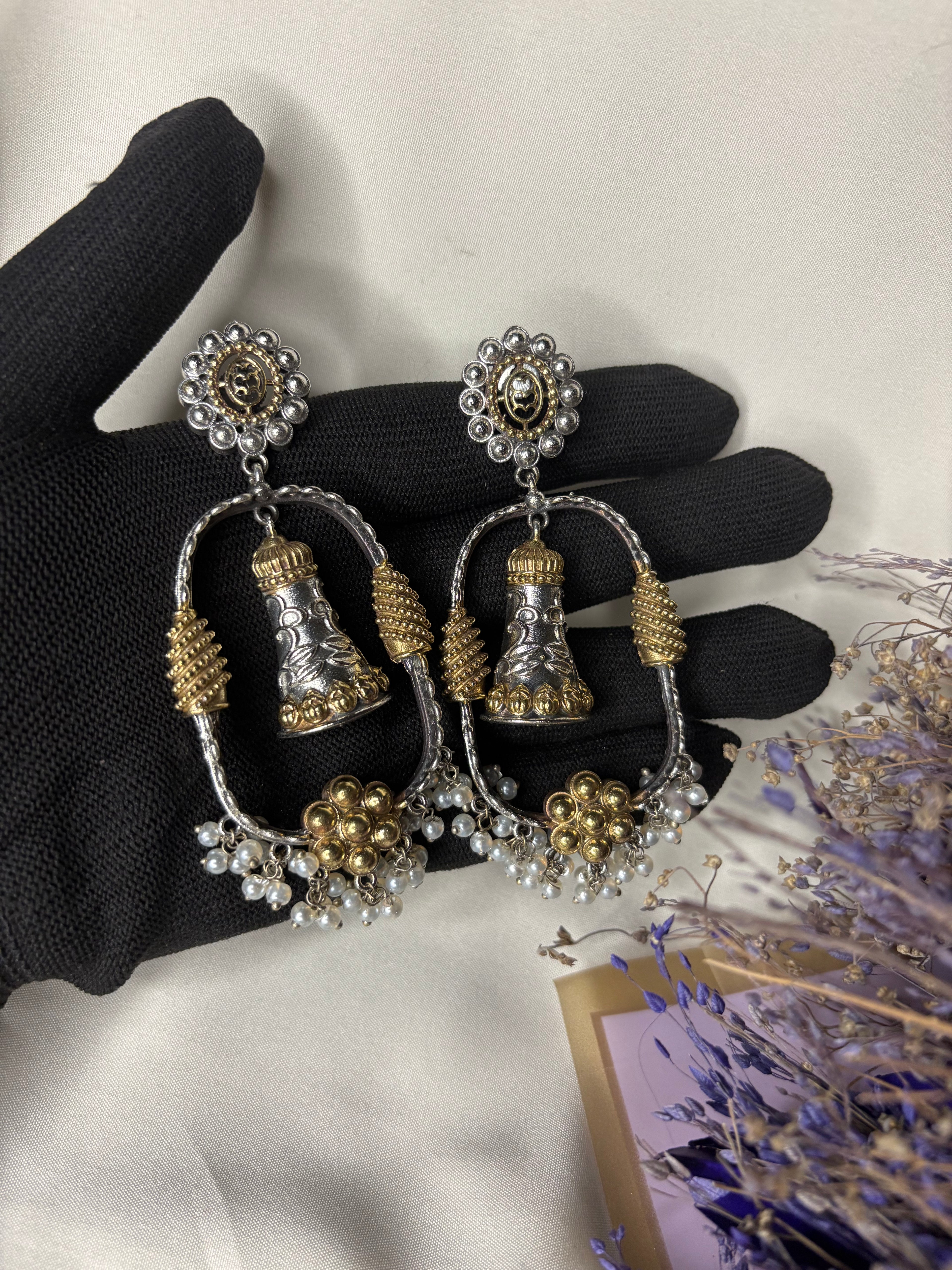 Dual Tone Gold Silver Kashmiri Jhumka Earrings
