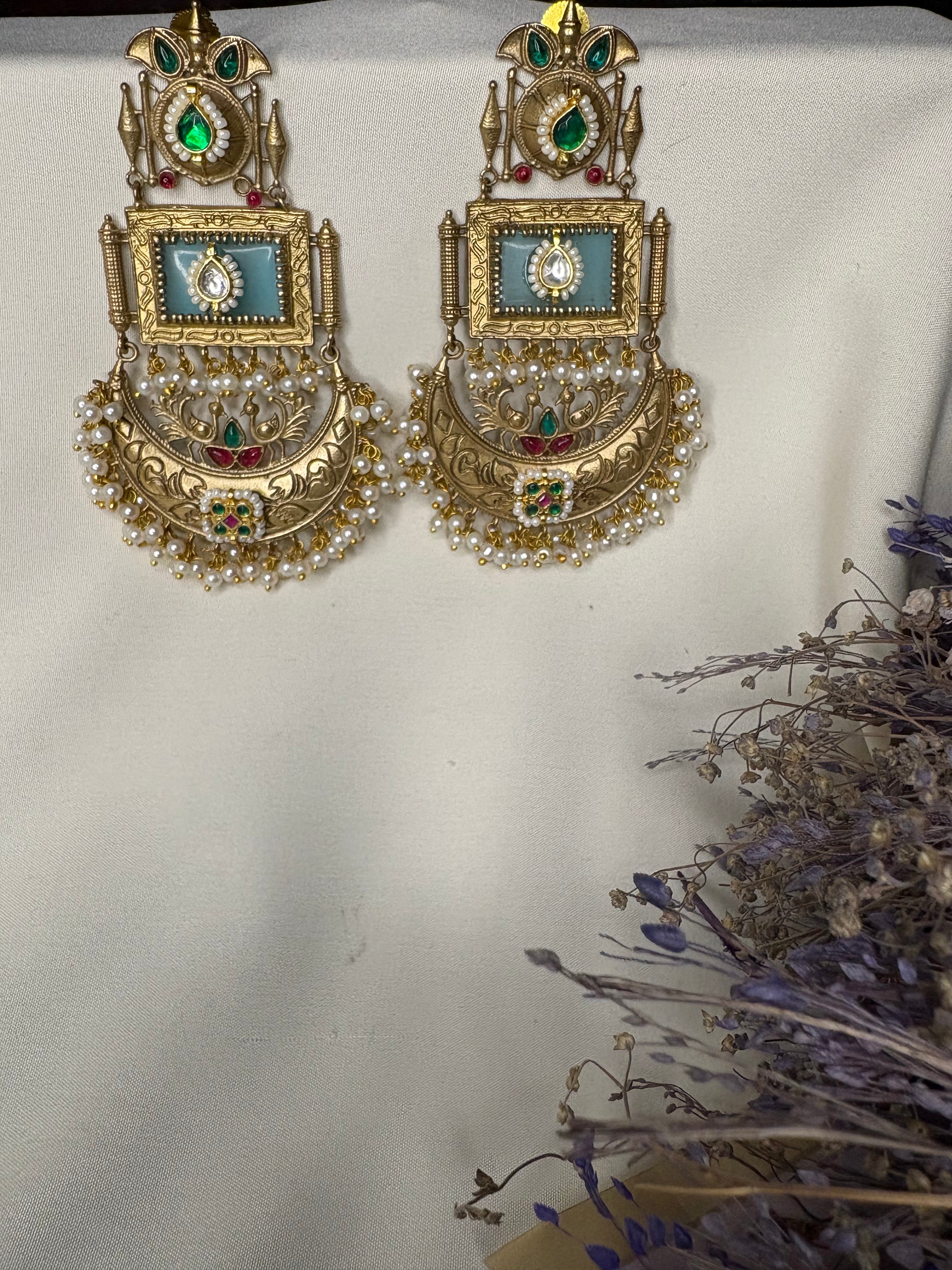 Antique Gold Kashmiri Bridal Jhumka Earrings