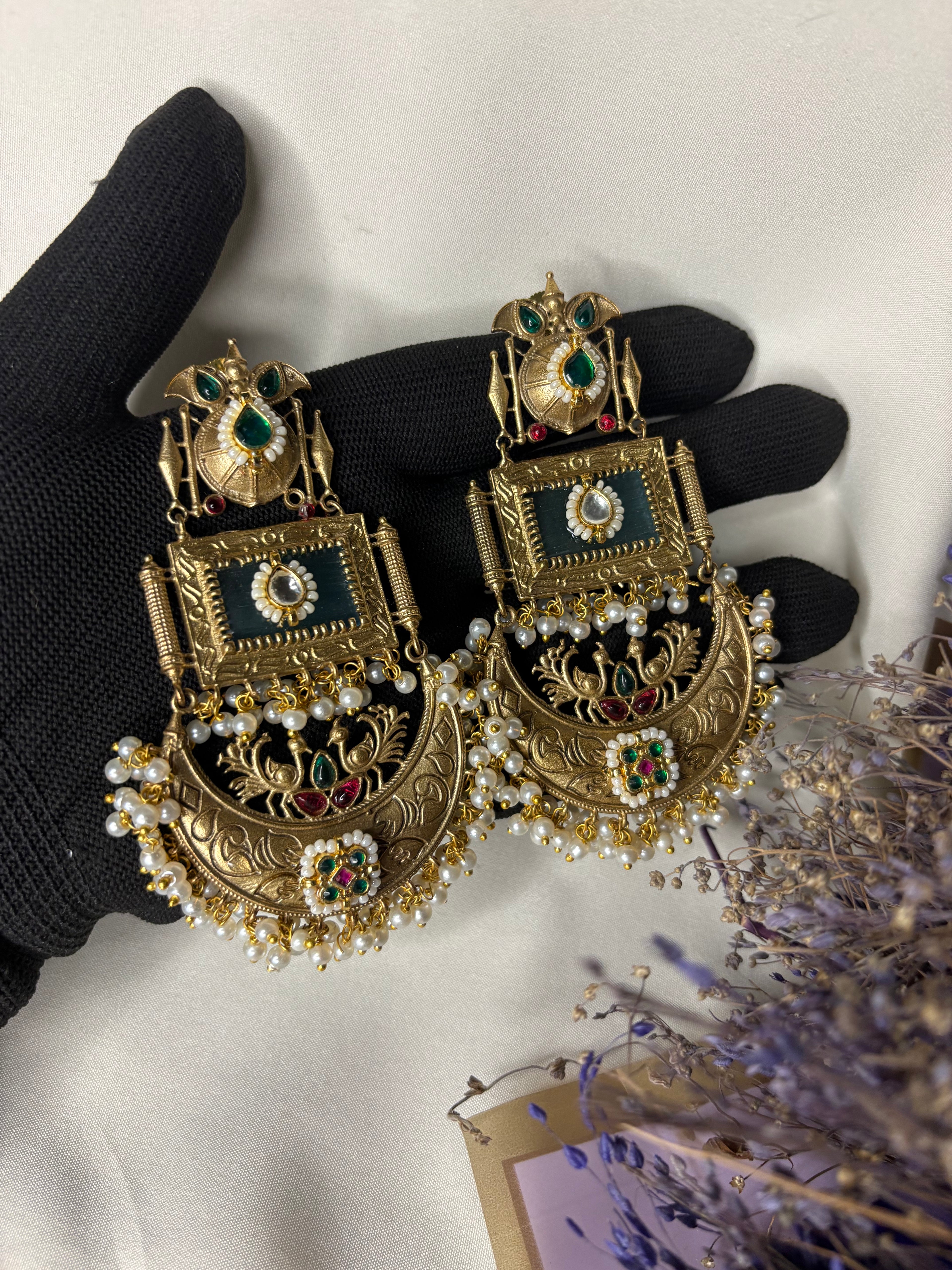 Antique Gold Kashmiri Bridal Jhumka Earrings