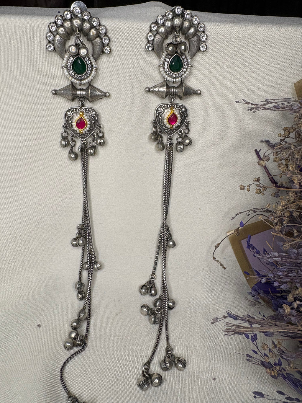 Silver Red Green Stone Kashmiri Long Drop Earrings
