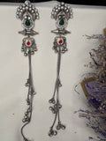 Silver Red Green Stone Kashmiri Long Drop Earrings