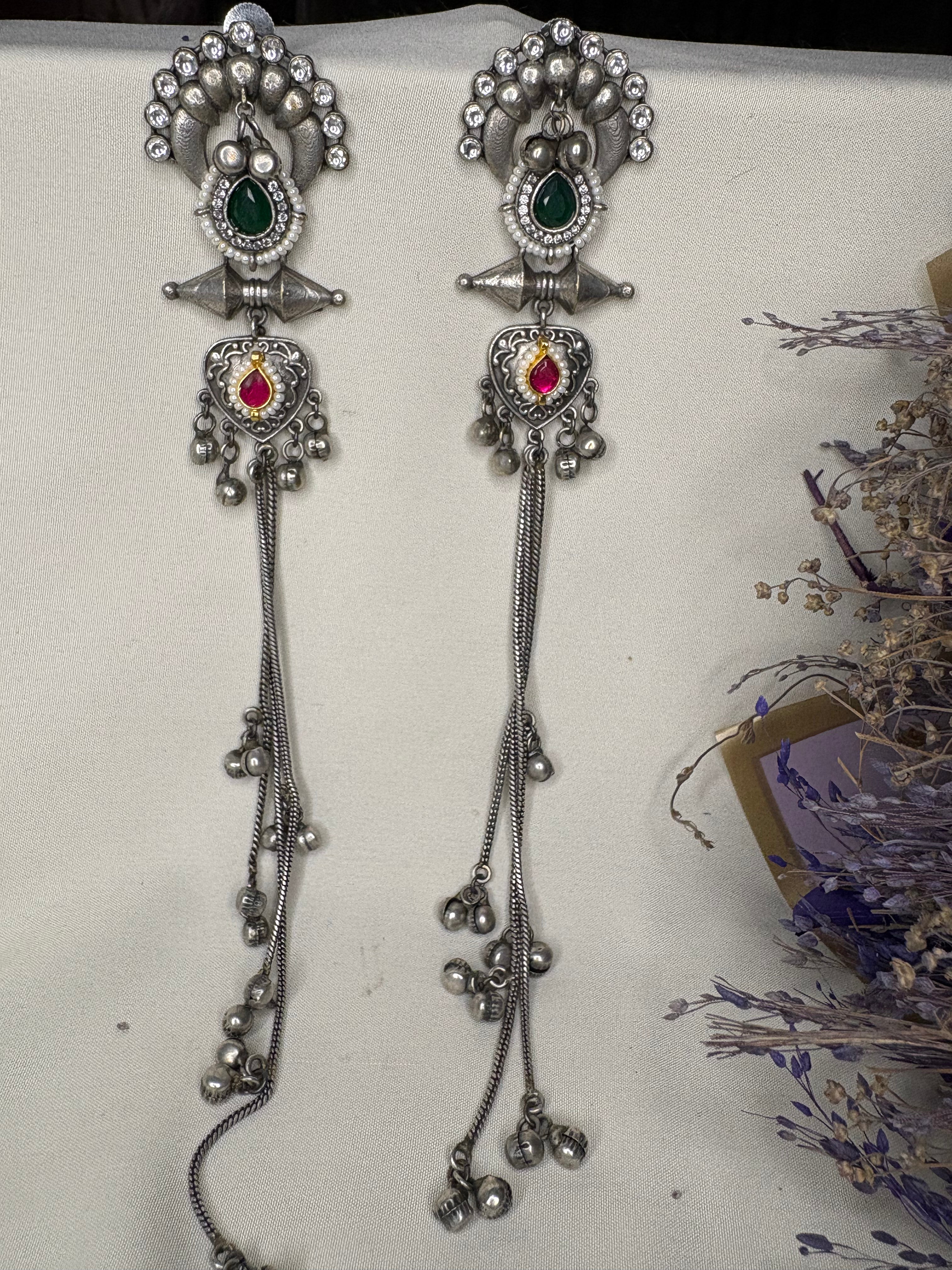 Silver Red Green Stone Kashmiri Long Drop Earrings