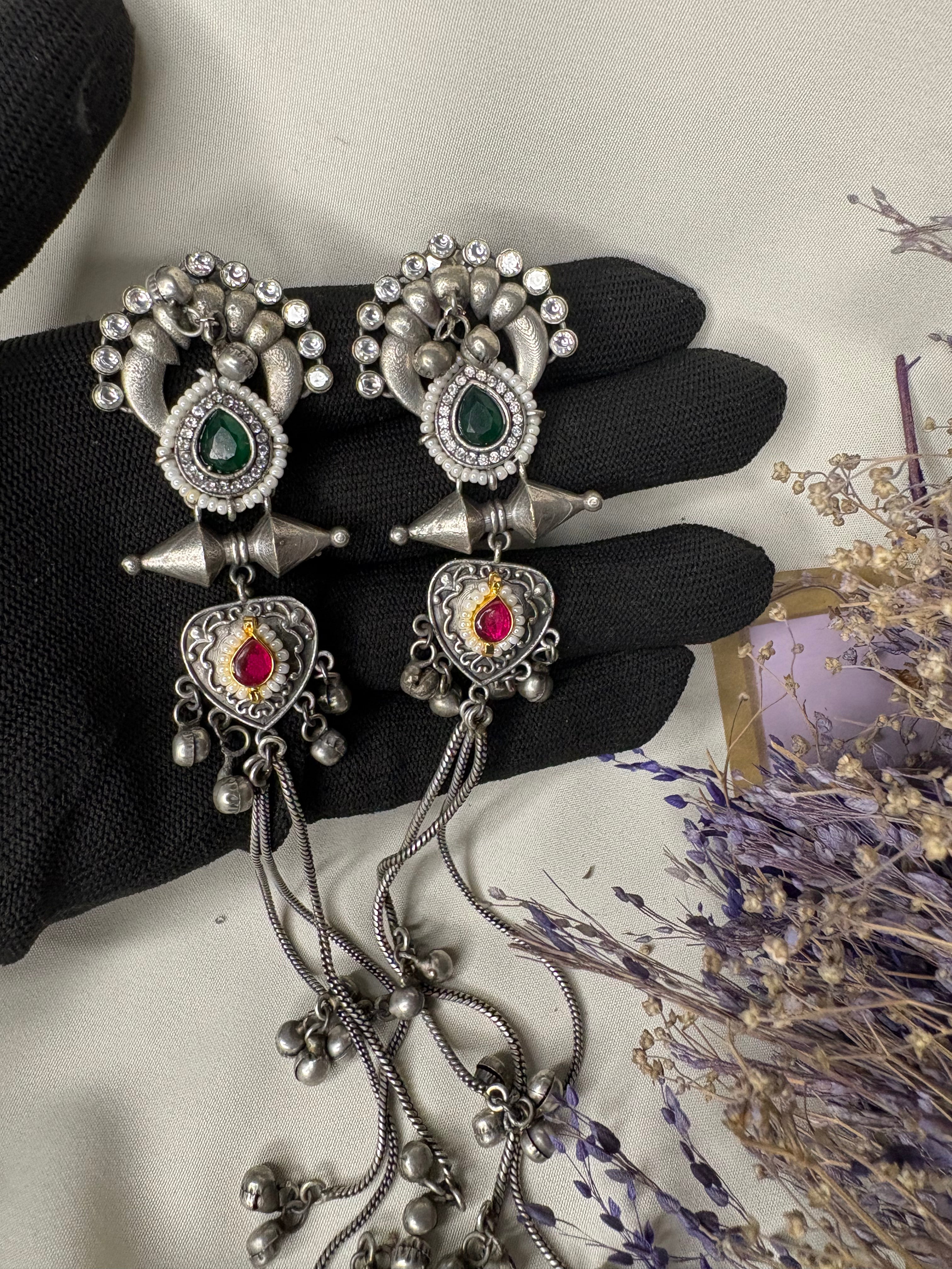 Silver Red Green Stone Kashmiri Long Drop Earrings