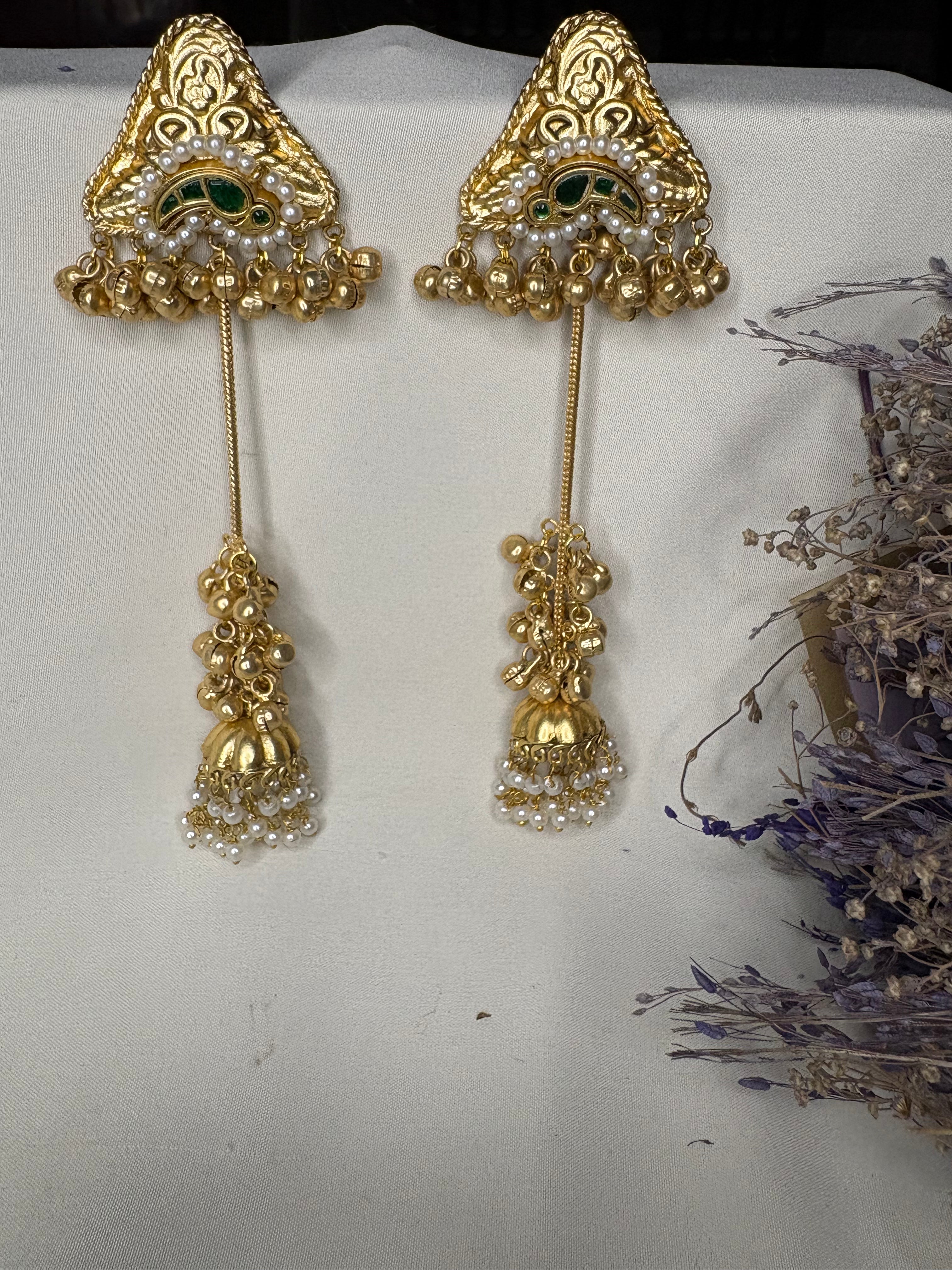 Gold Green Kashmiri Triangle Drop Earrings