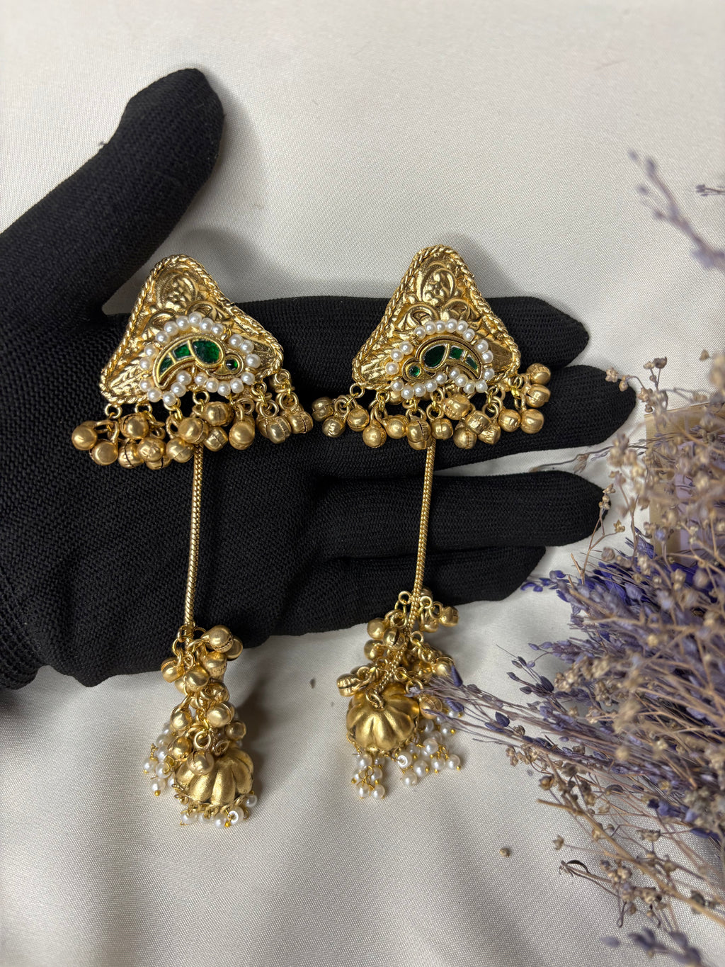Gold Green Kashmiri Triangle Drop Earrings