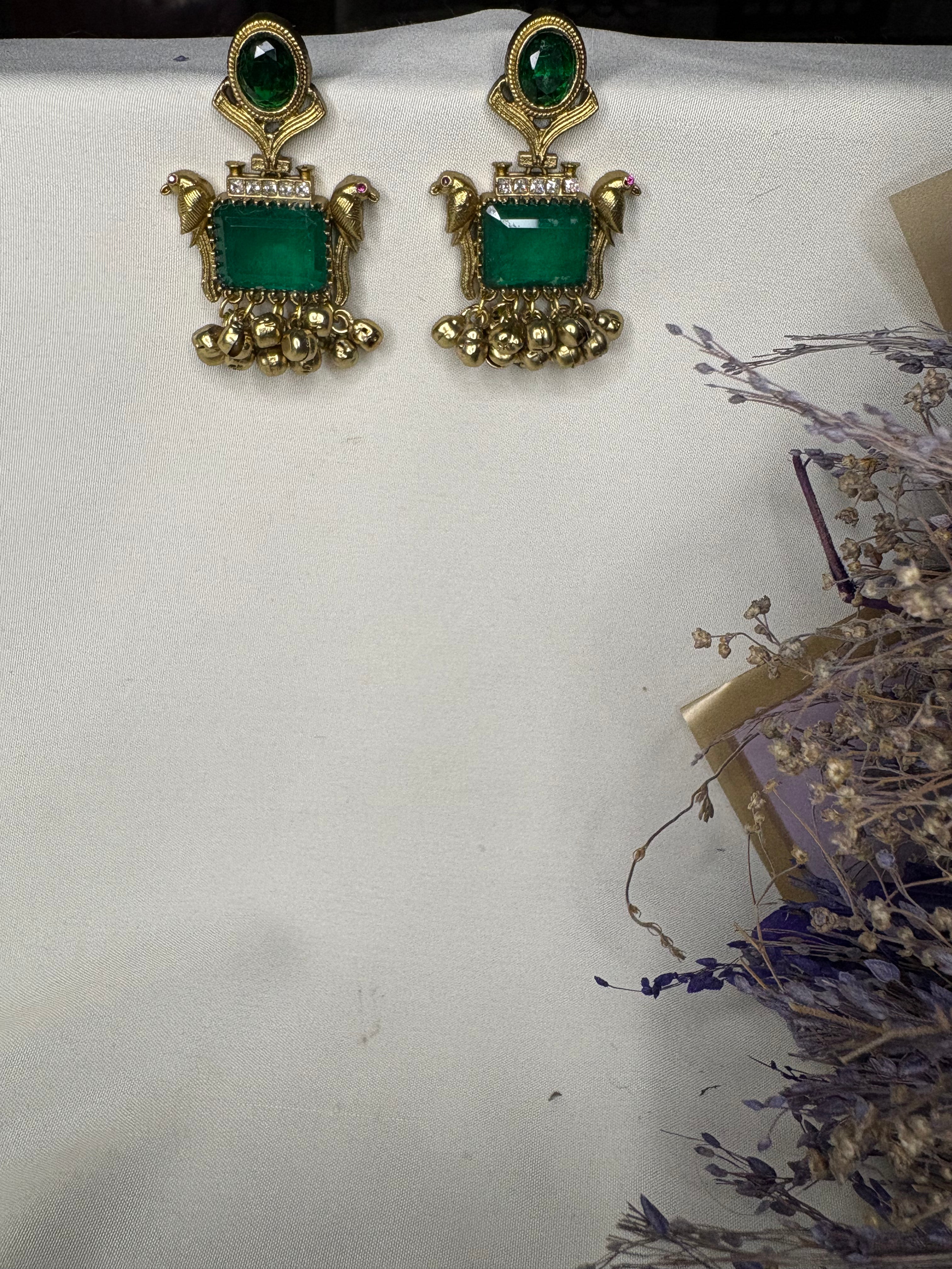 Gold Green Stone Kashmiri Statement Earrings