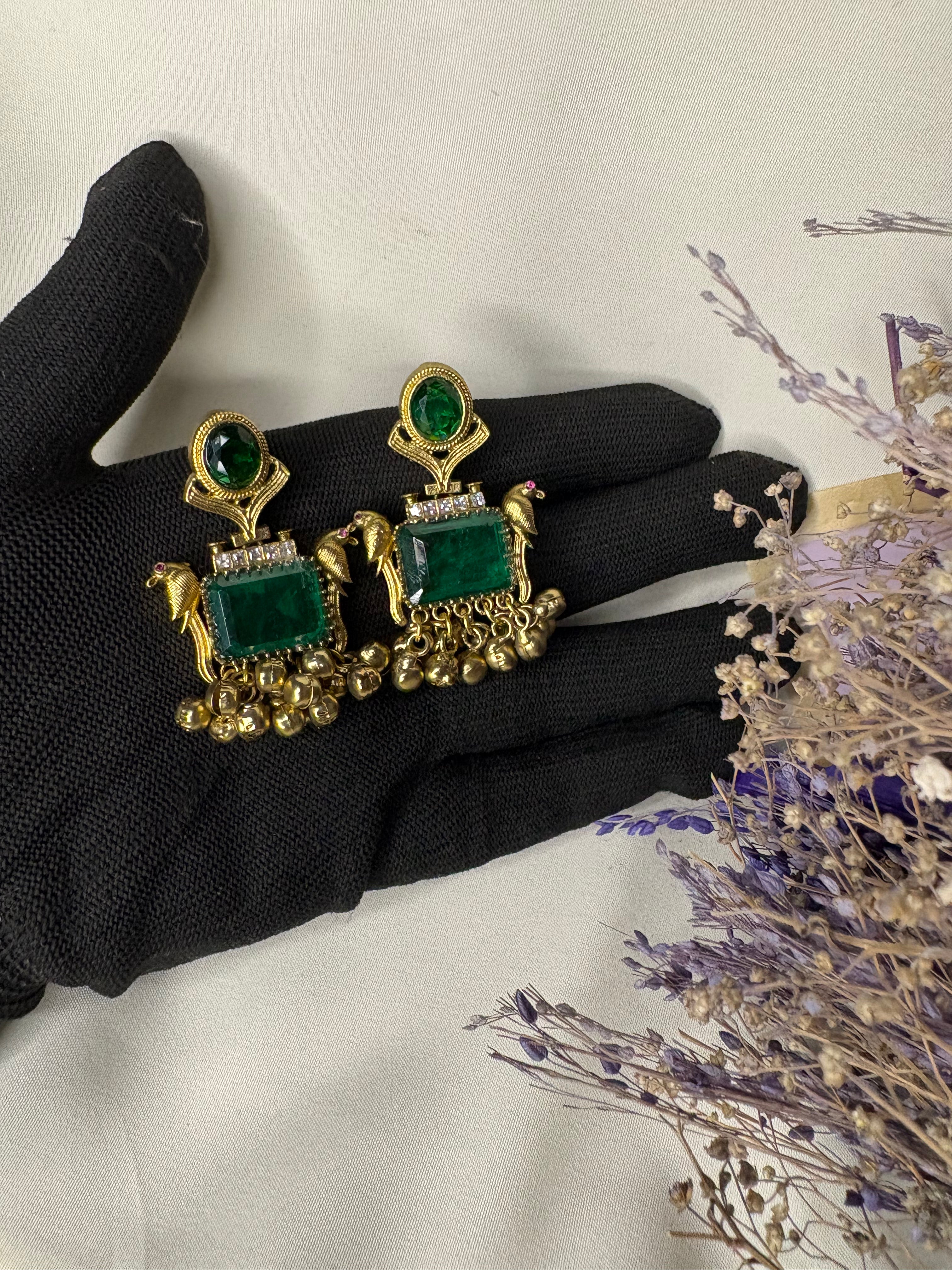 Gold Green Stone Kashmiri Statement Earrings