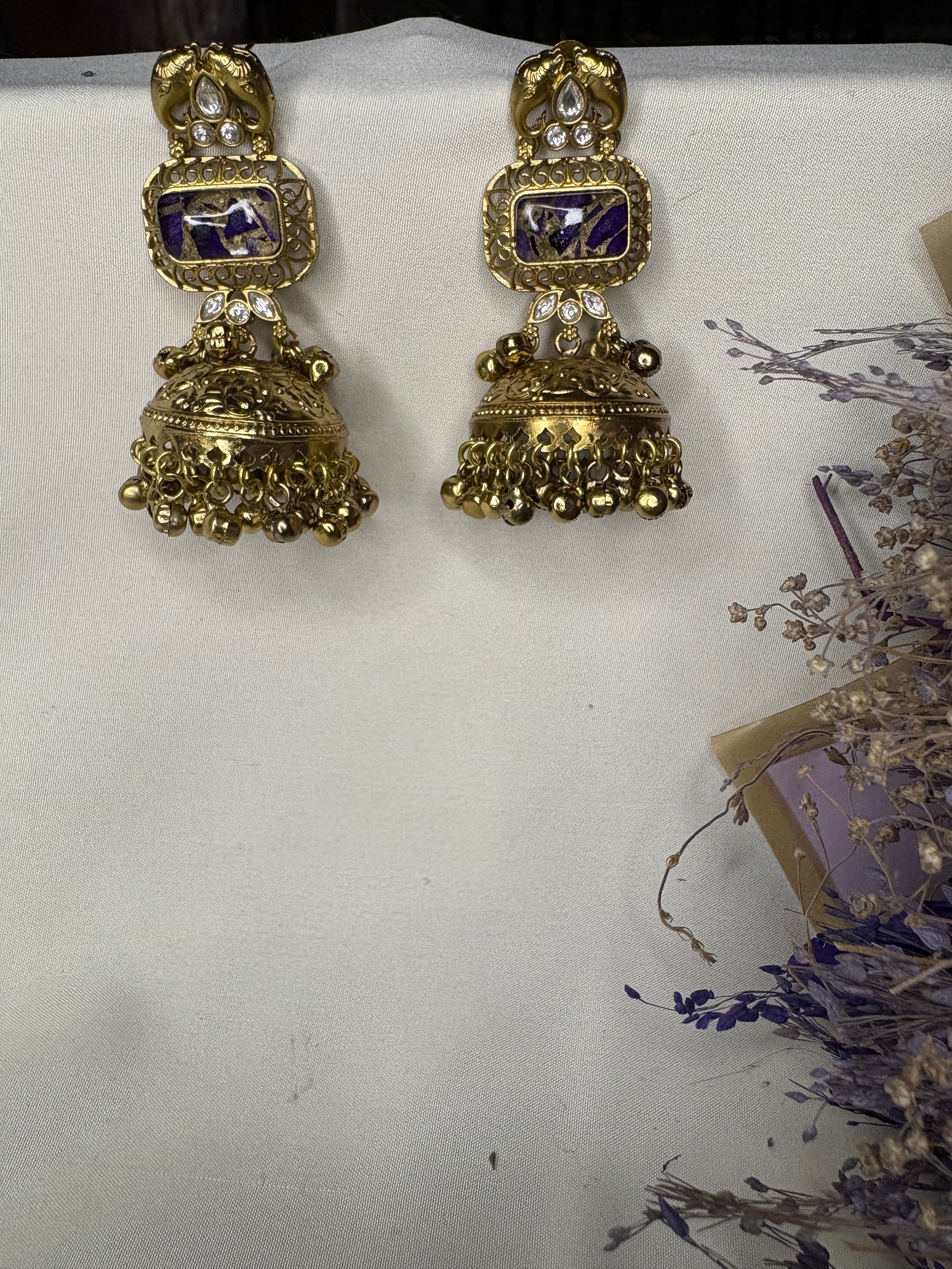 Gold Purple Kashmiri Traditional Jhumka Earrings