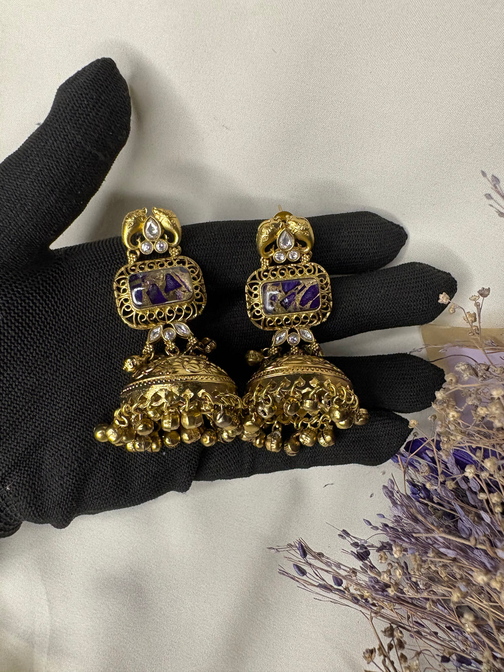 Gold Purple Kashmiri Traditional Jhumka Earrings