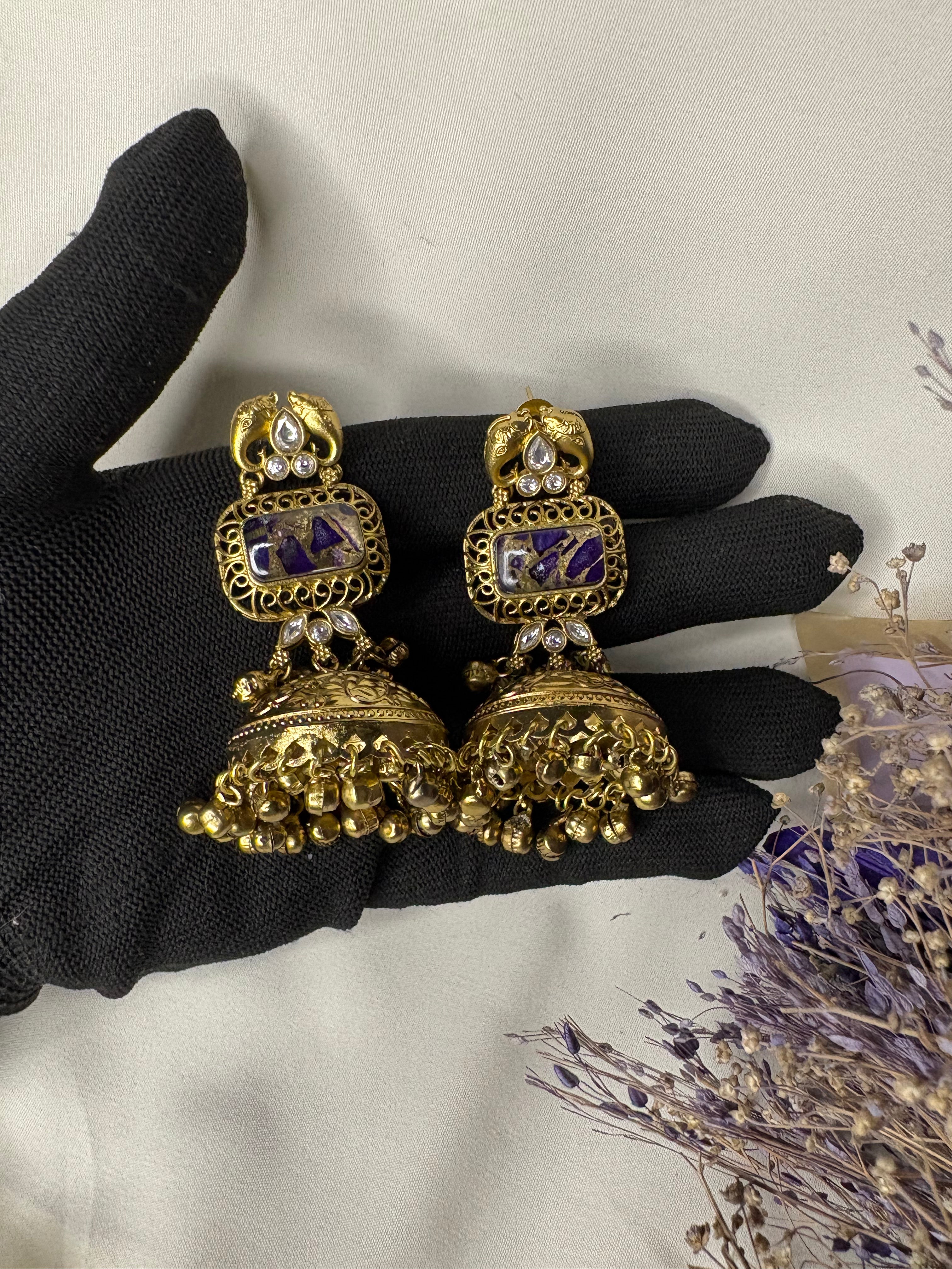 Gold Purple Kashmiri Traditional Jhumka Earrings