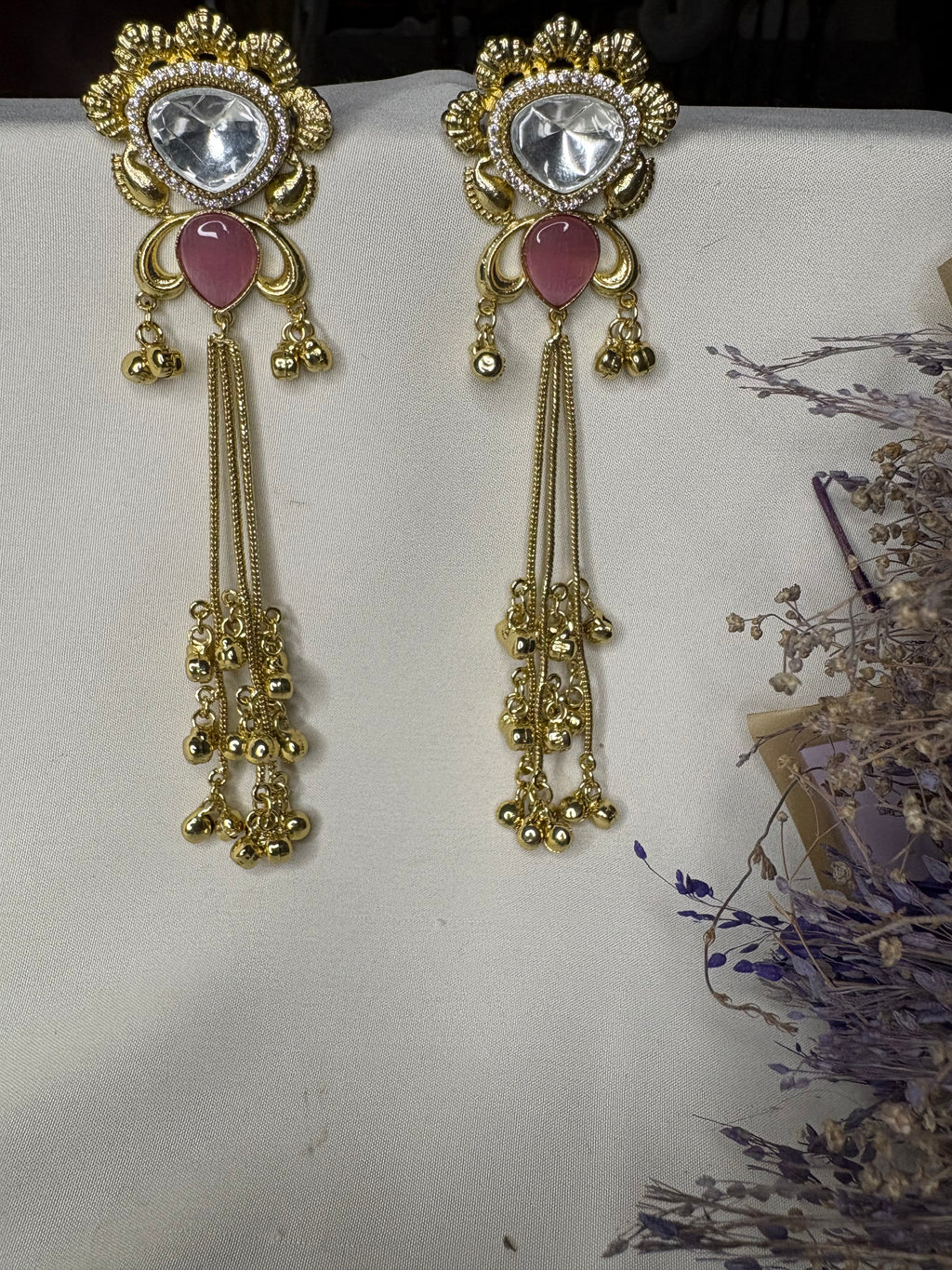 Golden Pink Kashmiri Dejhoor Statement Earrings