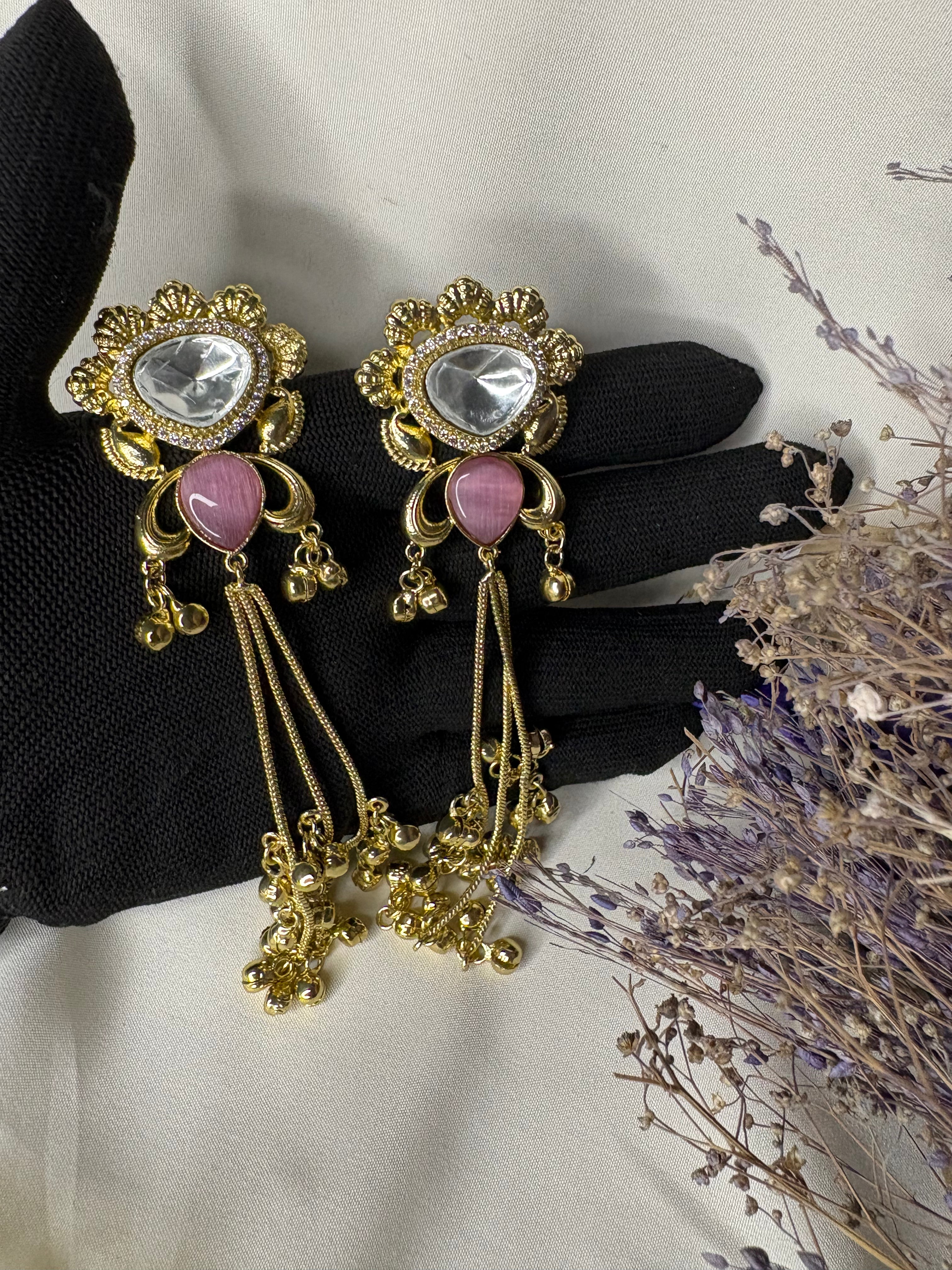 Golden Pink Kashmiri Dejhoor Statement Earrings