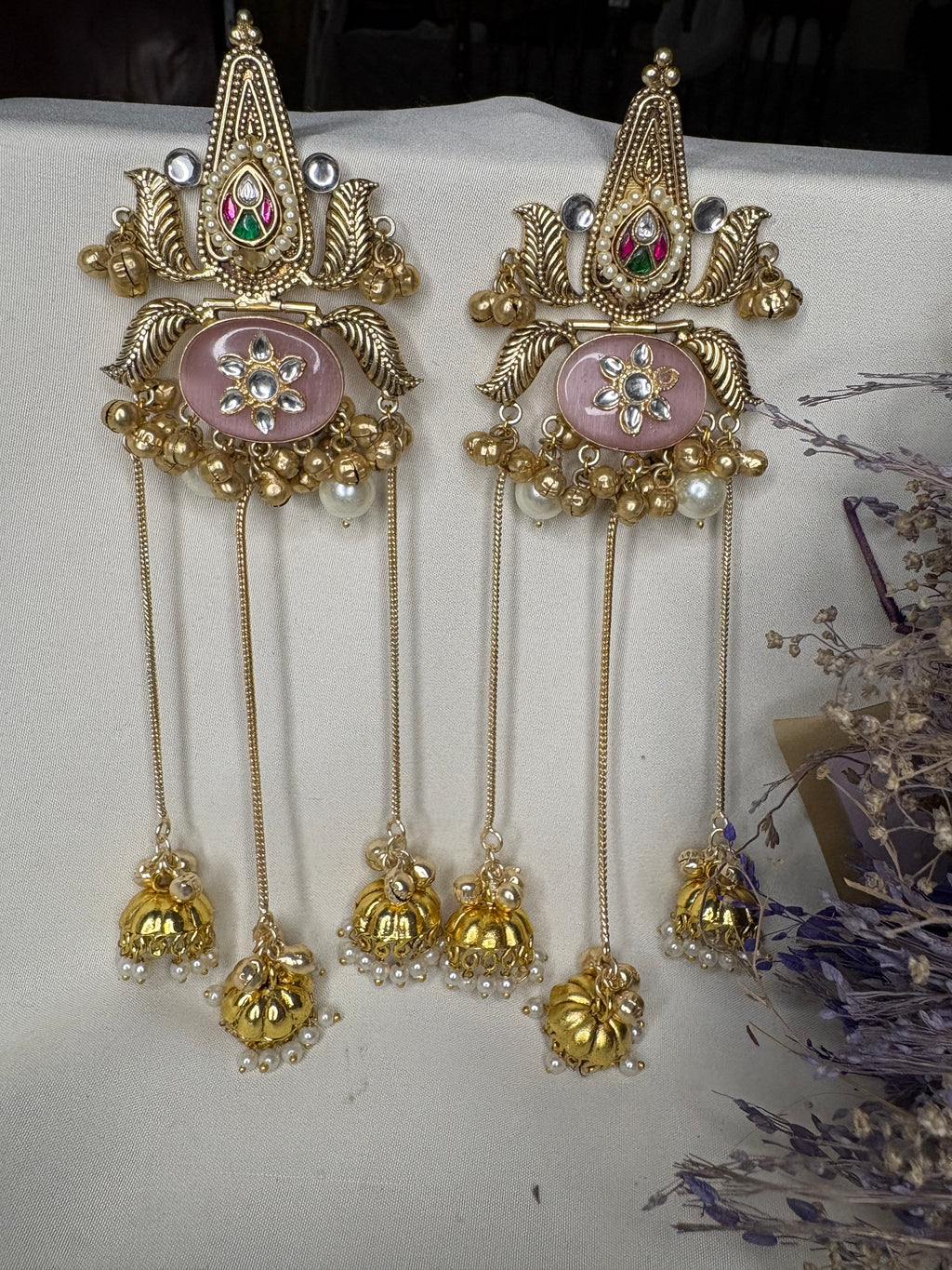 Antique Gold light pink Kashmiri Jhumka Earrings