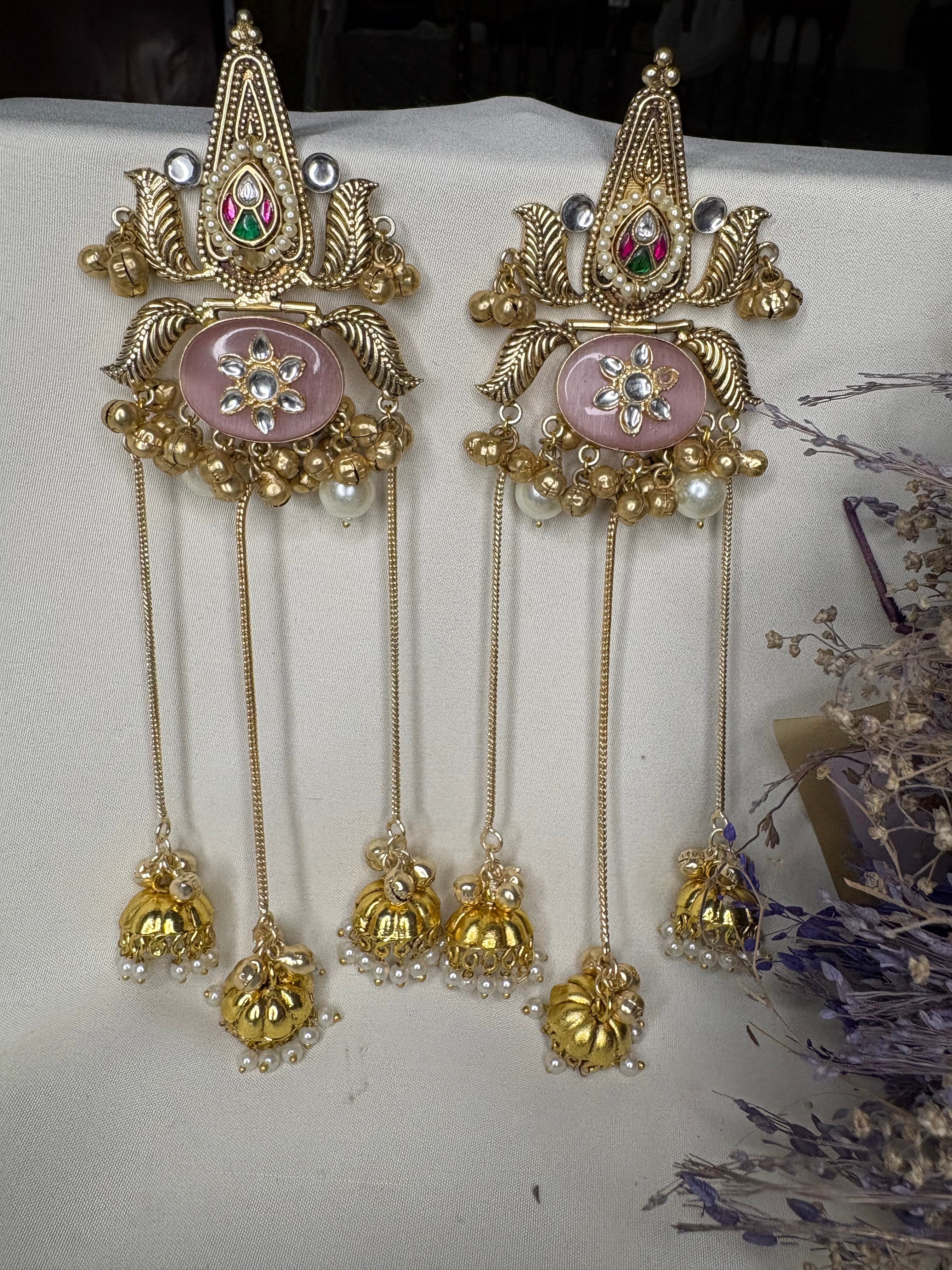 Antique Gold light pink Kashmiri Jhumka Earrings