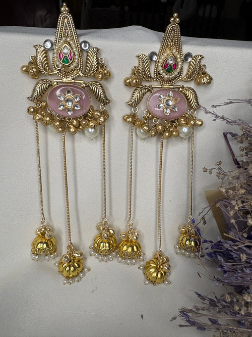 Antique Gold light pink Kashmiri Jhumka Earrings