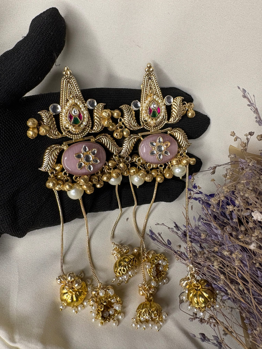 Antique Gold light pink Kashmiri Jhumka Earrings