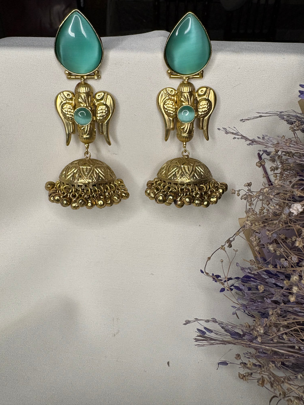 Gold Aqua Green Stone Kashmiri Bridal Earrings
