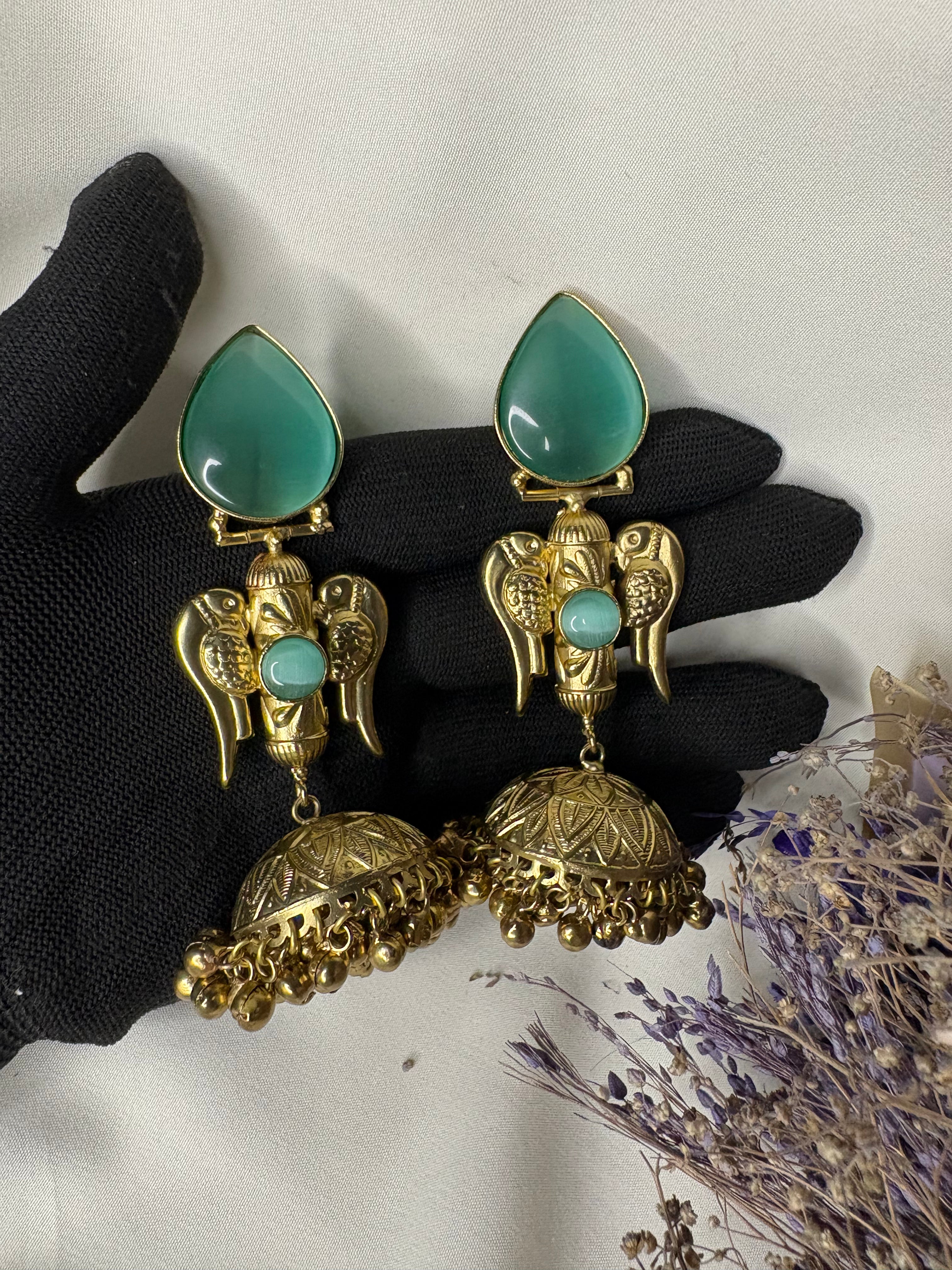 Gold Aqua Green Stone Kashmiri Bridal Earrings