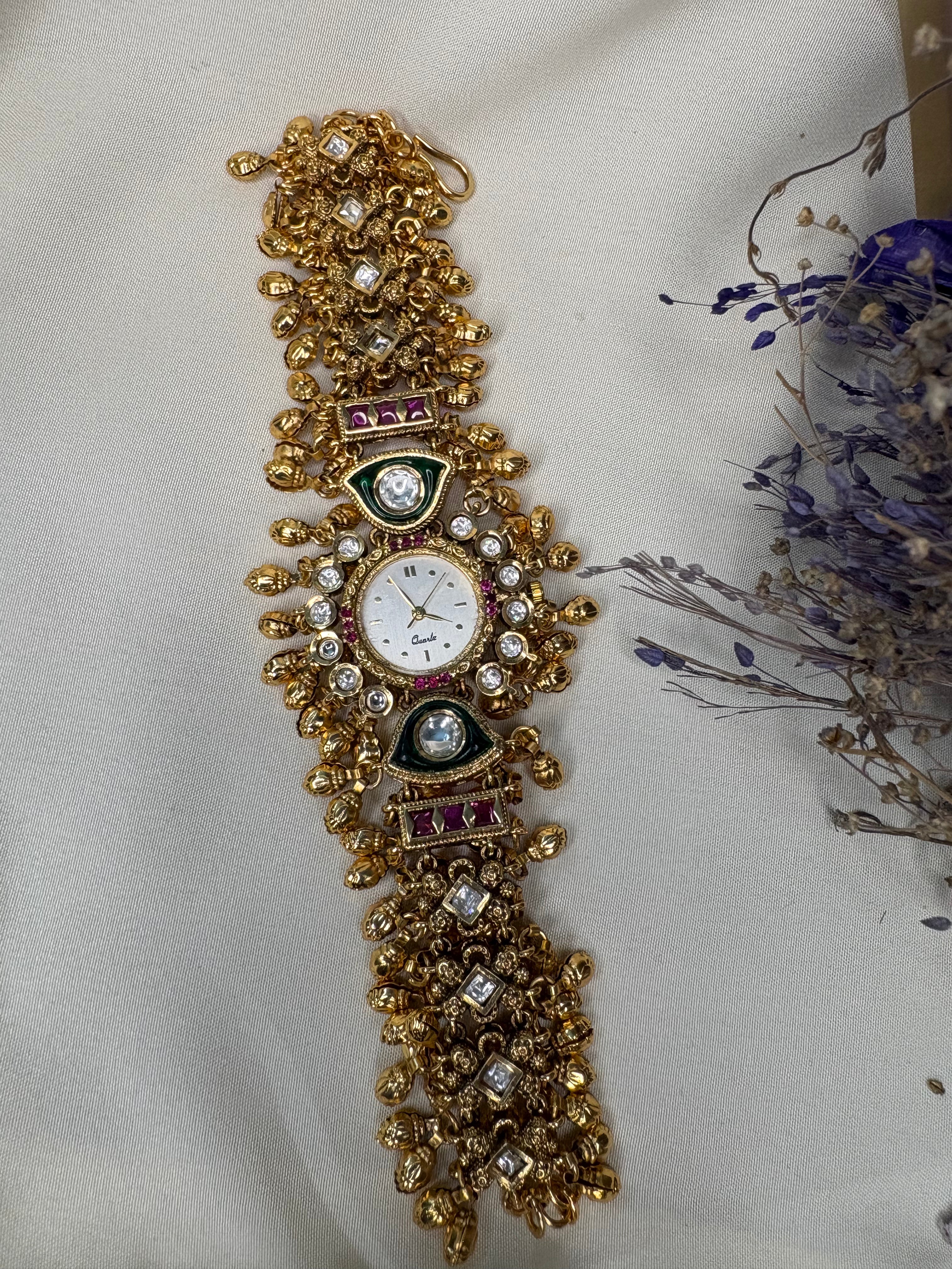 Round Dial Green Heritage Watch with Ghungroo Detailing