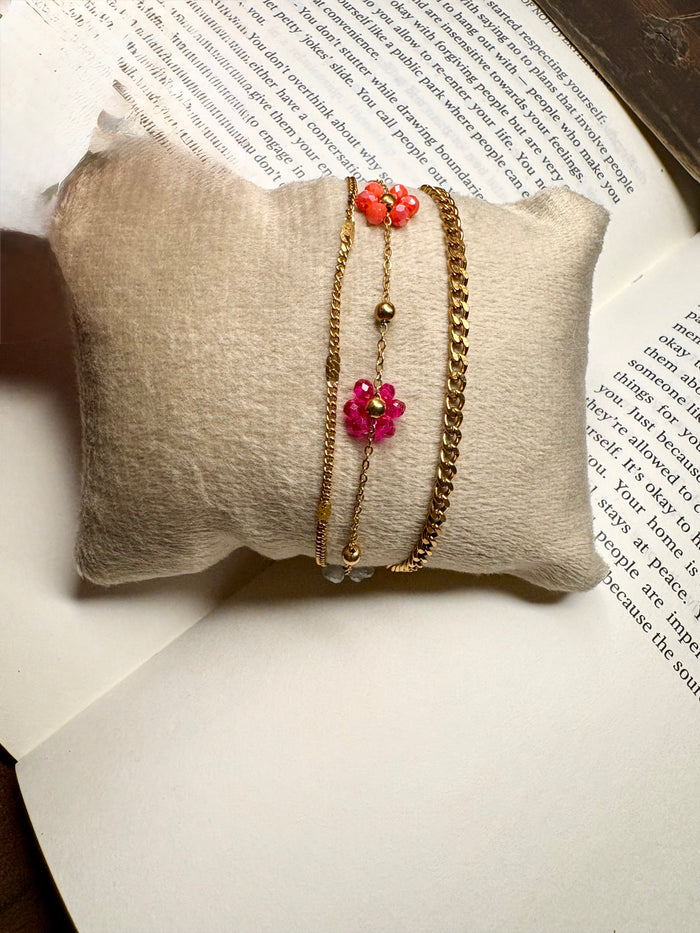 Flower Bead Layered Chain Bracelet Set