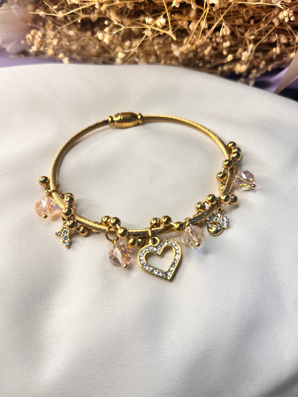 Pink Heart Charm Bangle Bracelet