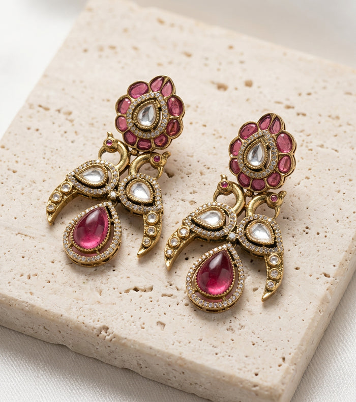 Moissanite-Look Ruby Kundan Peacock Earrings