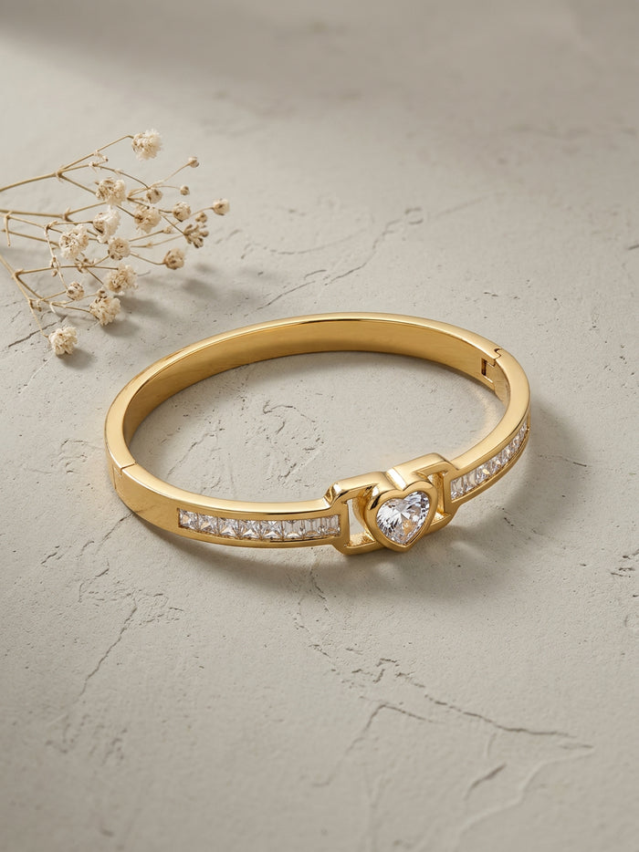 Heart Centre Stone Gold Bangle Bracelet Size 2.4