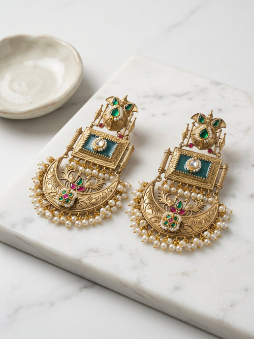 Antique Gold Kashmiri Bridal Jhumka Earrings - studio