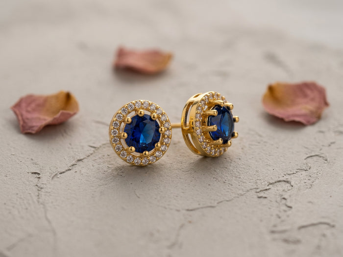 Blue Stone Halo Antique Gold Studs