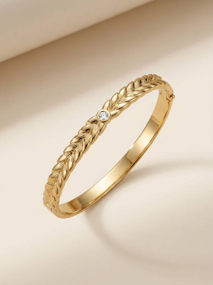 Gold Leaf Pattern Bangle with Stone