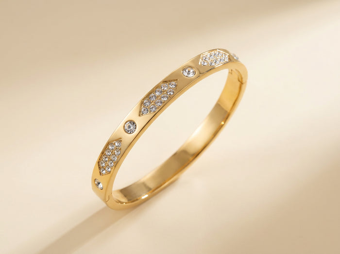 Gold Bangle with Hexagon Stone Panels