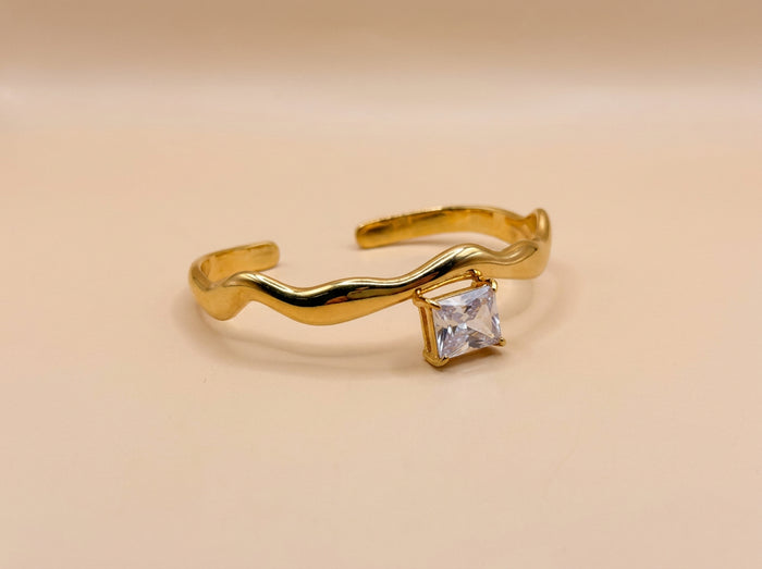 Gold Wave Bangle with Square Crystal