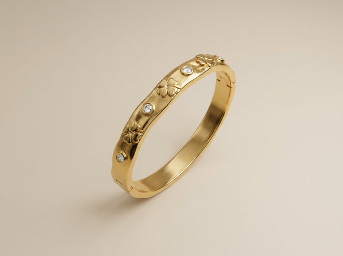 Gold Clover Stone Hinged Bangle