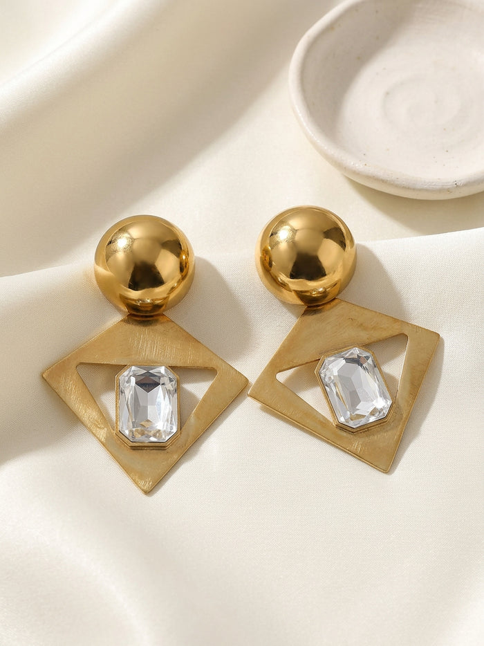 Geometric Triangle Stone Gold Statement Earrings