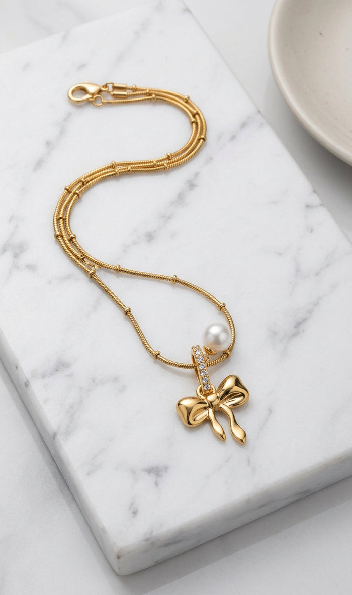 Bow Pearl Pendant Gold Chain Necklace