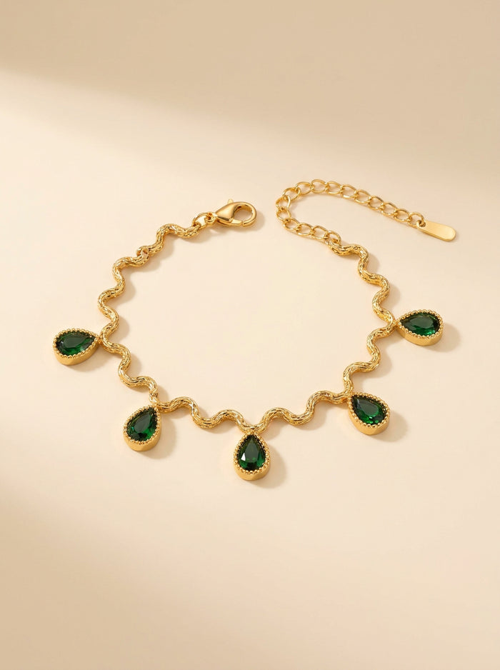 Gold Wave Bracelet with Green Drops