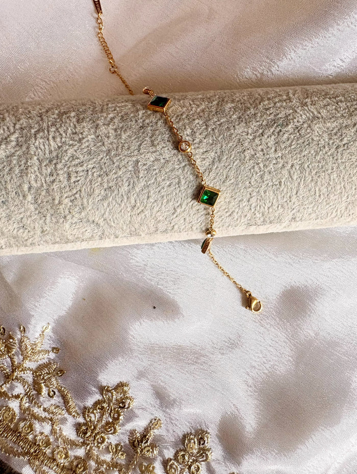 Gold Chain Bracelet with Emerald Squares