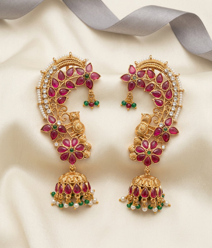 Bridal Ruby Flower Peacock Ear Cuff Jhumka