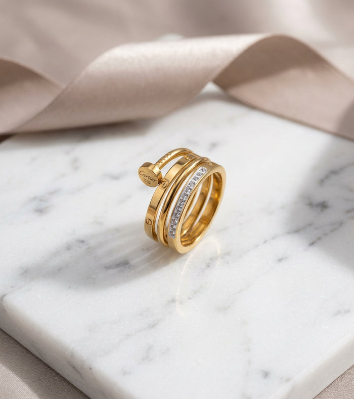 Triple Band Nail Stone Gold Ring