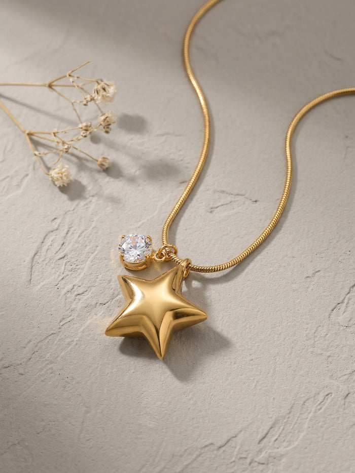 Puffed Star Stone Pendant Gold Necklace