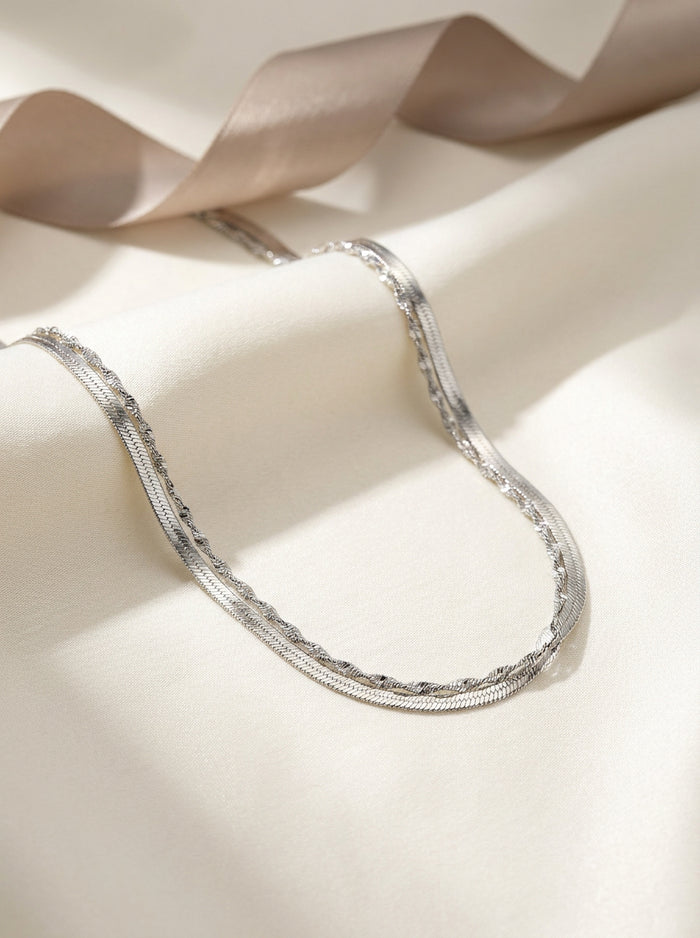 Silver Double Herringbone Chain Necklace