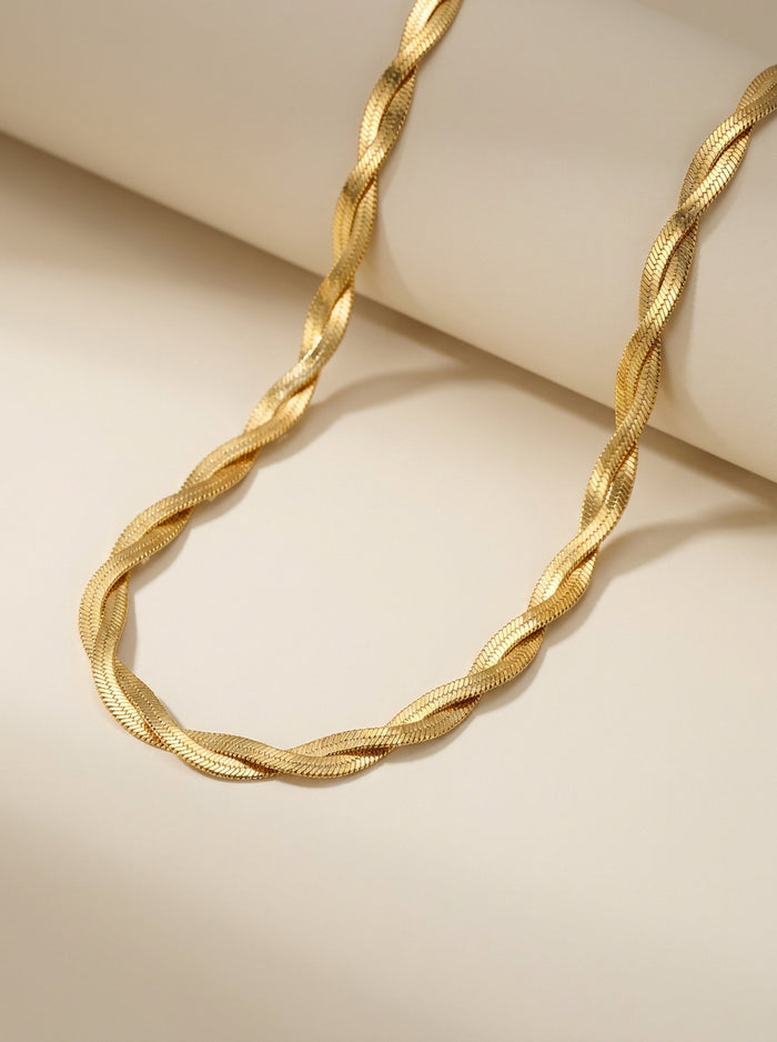 Gold Twisted Herringbone Chain Necklace