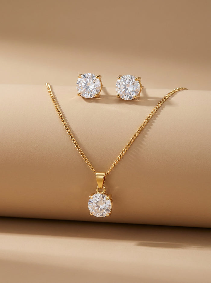 Solitaire Crystal Pendant Necklace with Studs
