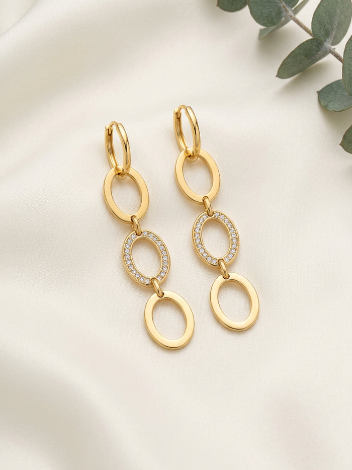 Oval Link Stone Gold Drop Earrings