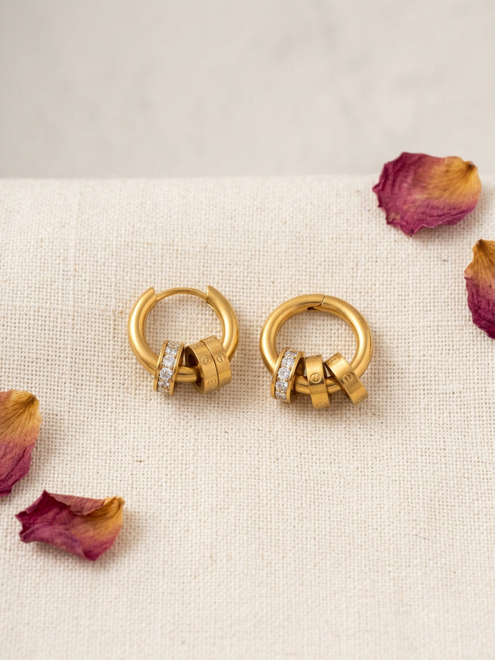 Stone Ring Charm Gold Huggie Hoop Earrings
