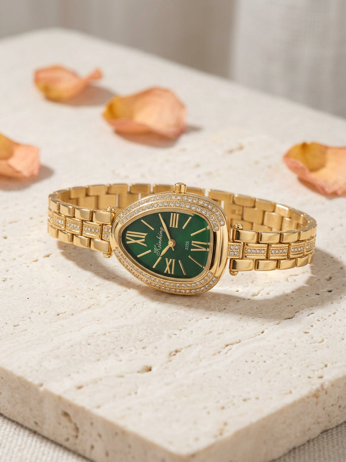 Emerald Green Dial Stone Gold Bracelet Watch