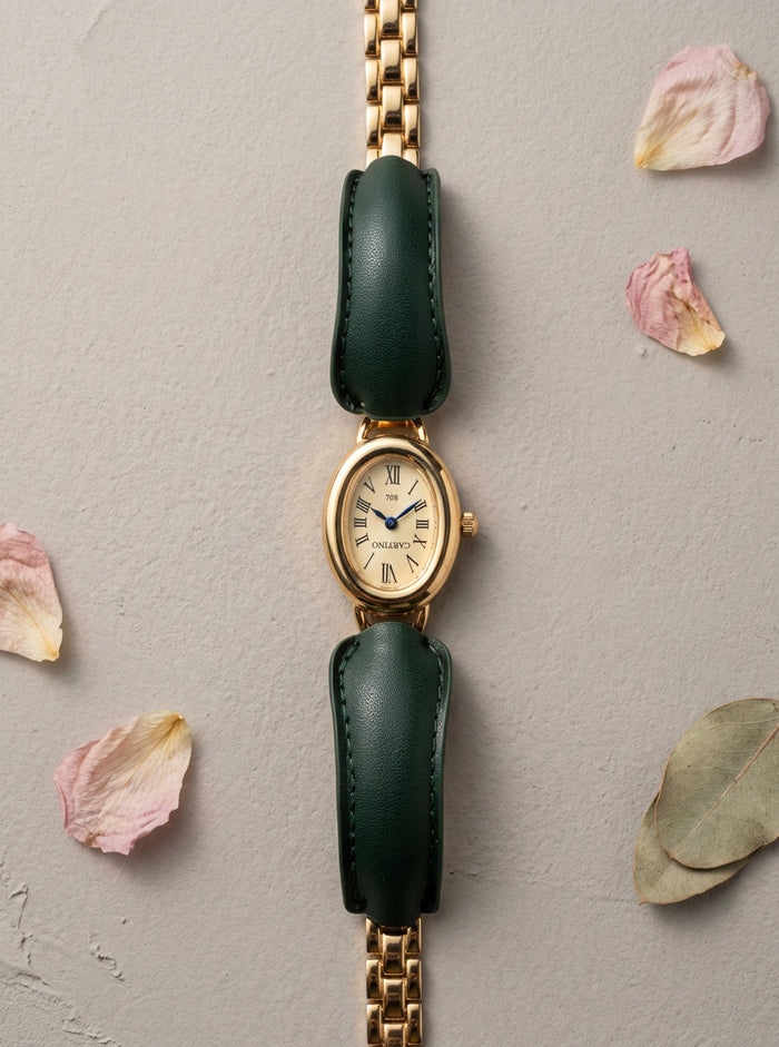 Green Leather Strap Oval Watch