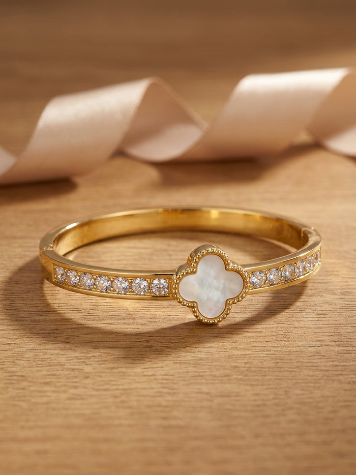 Clover Pearl Stone Gold Bangle Bracelet