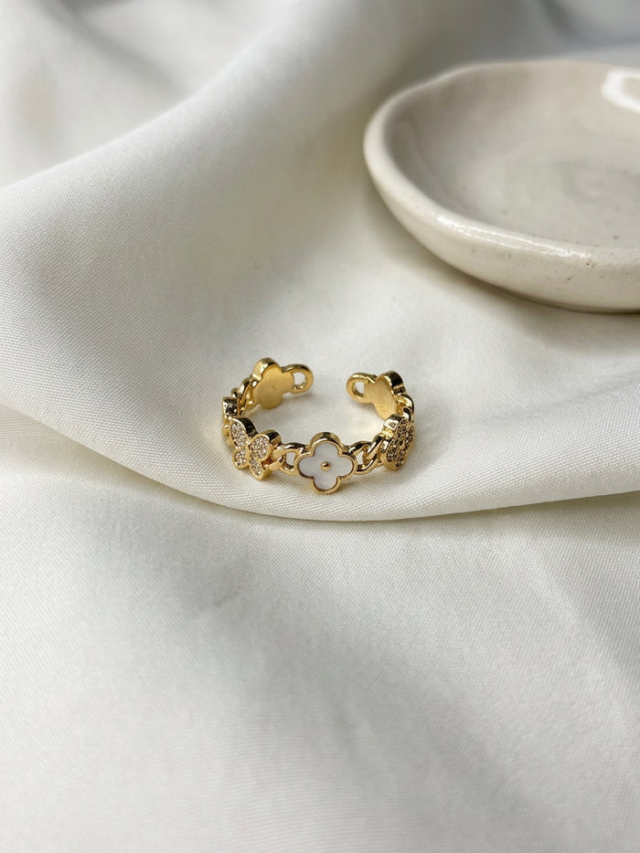 Pearl White Clover Open Gold Ring